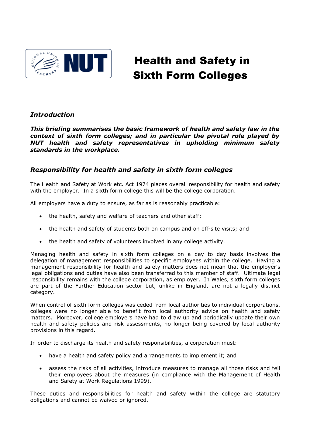 Responsibility for Health and Safety in Sixth Form Colleges