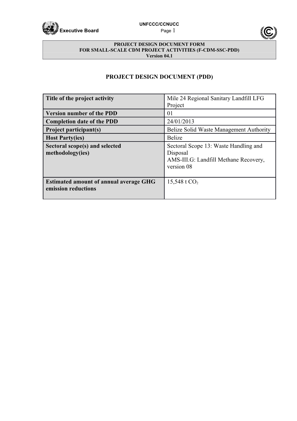 F-CDM-SSC-PDD: Project Design Document Form for Small-Scale CDM Project Activities . Version