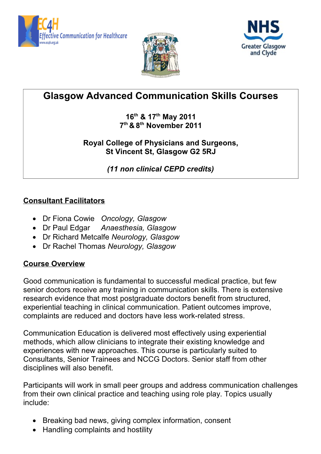 Glasgow Advanced Communication Skills Courses