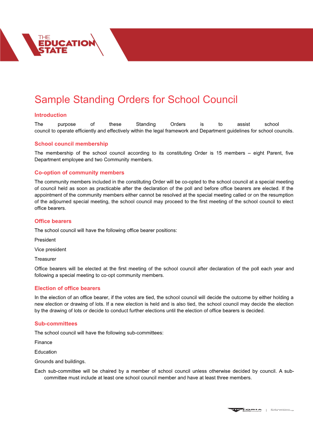 Sample Standing Orders for School Council