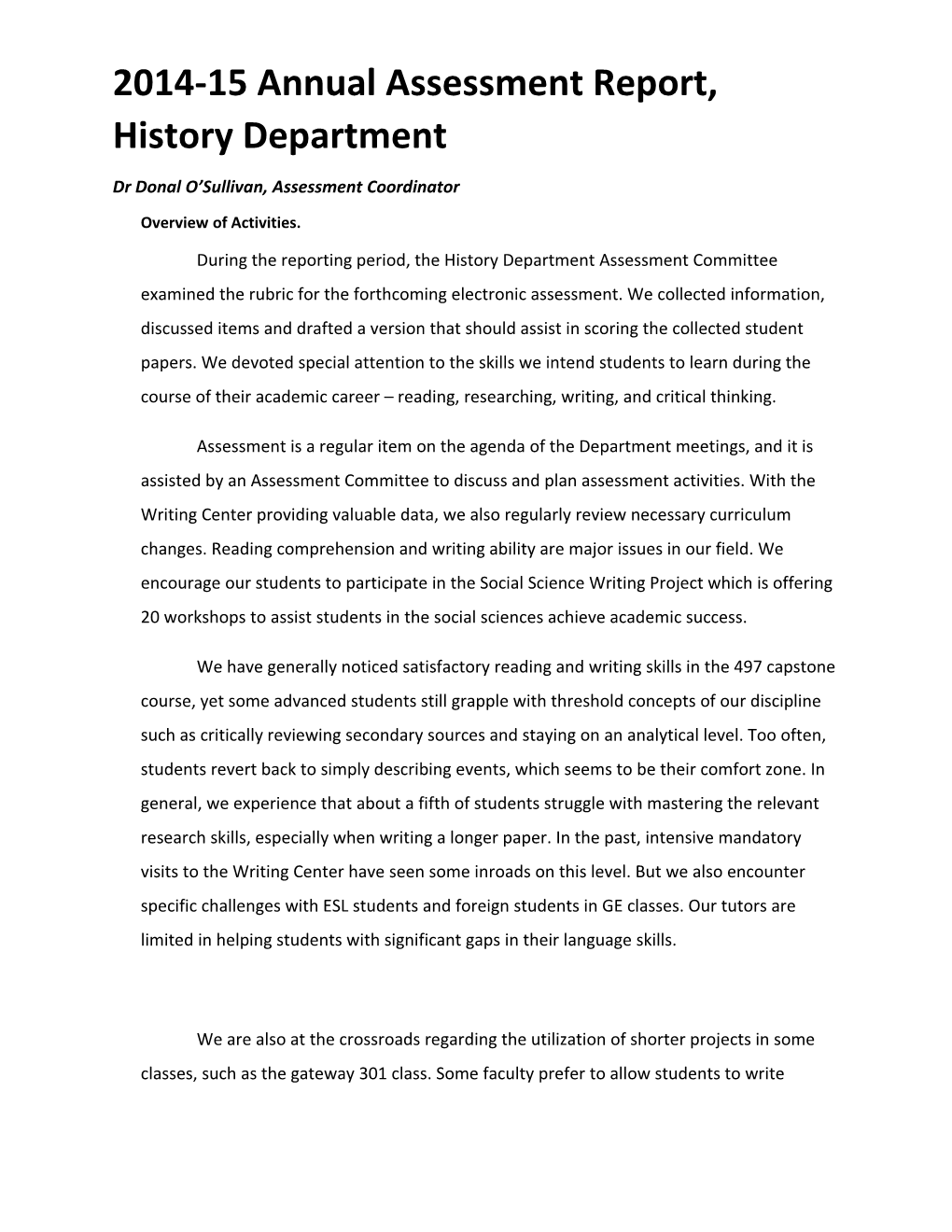 2014-15 Annual Assessment Report, History Department