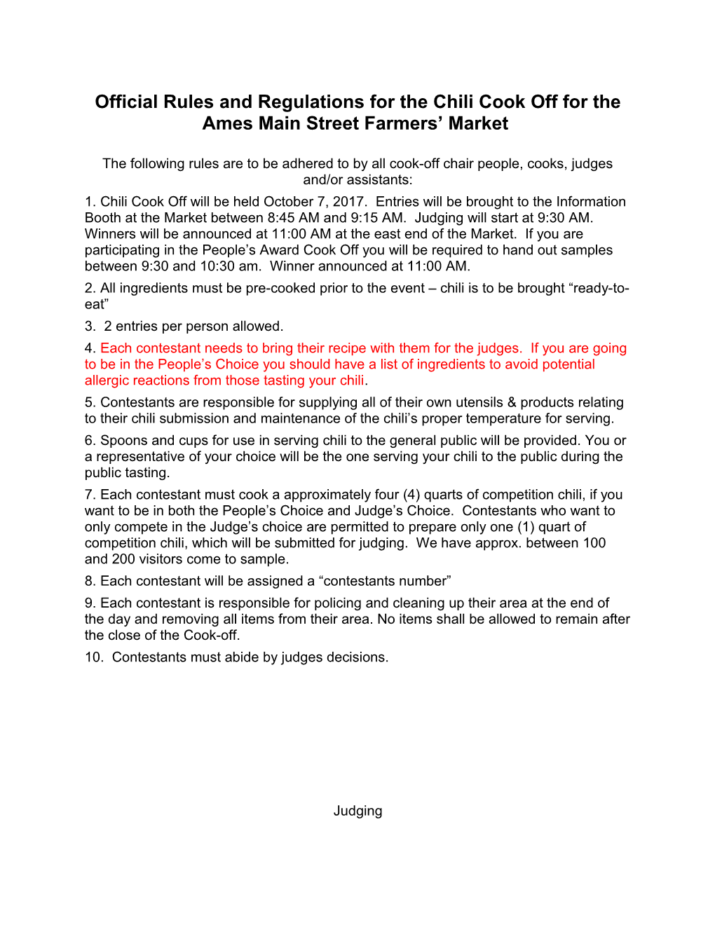 Official Rules and Regulations for the Chili Cook Off for the Ames Main Street Farmers Market