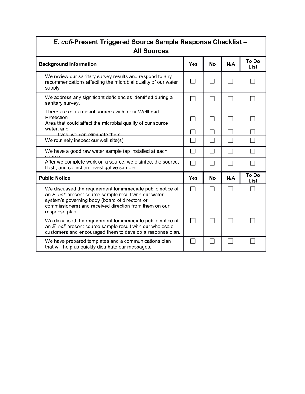 *NOTE: If Your System Has Multiple Sources, You May Want to Complete a Separate Checklist