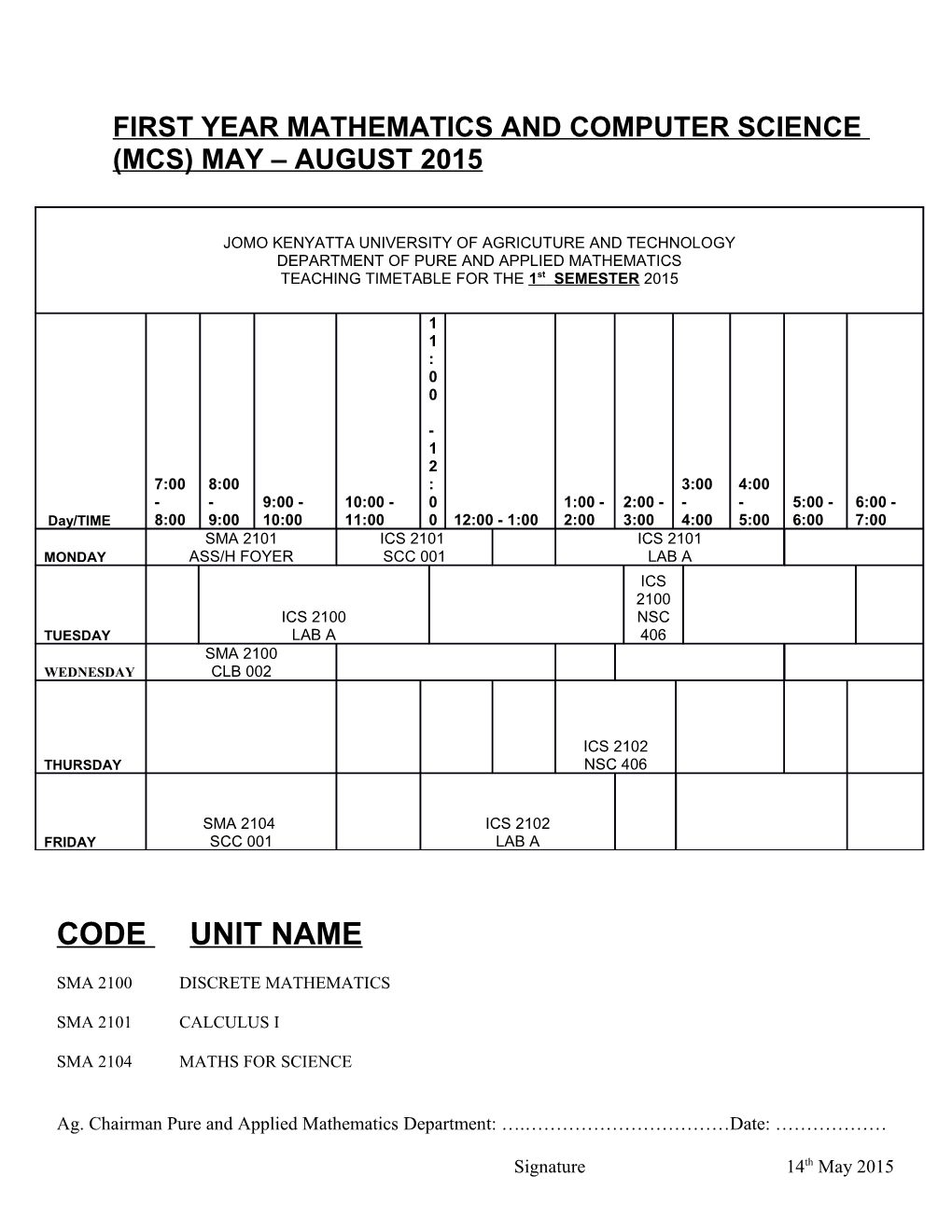 First Year Mathematics and Computer Science (Mcs) May August 2015