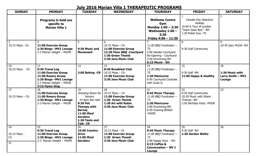 July 2016 Marian Villa 1 THERAPEUTIC PROGRAMS