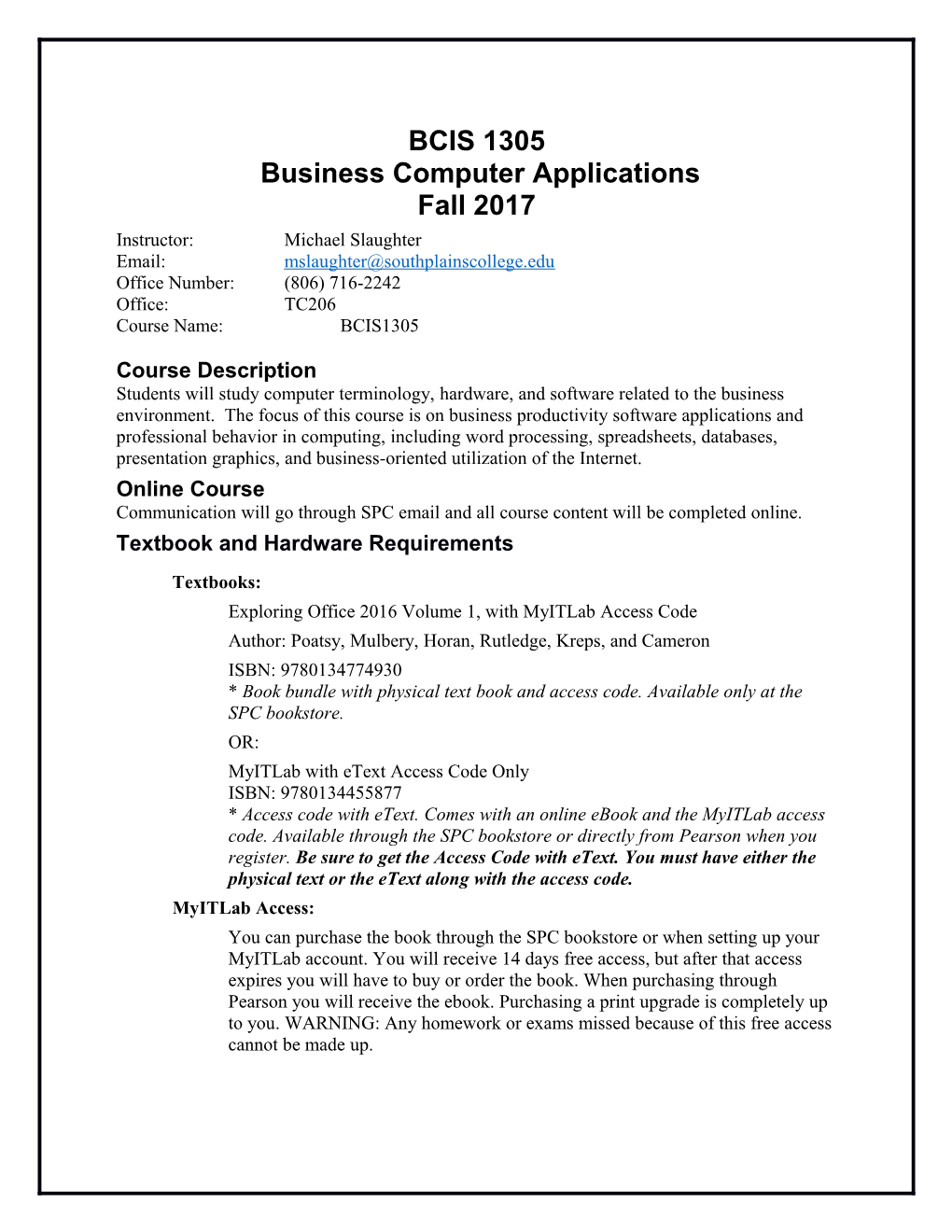 BCIS 1305 Business Computer Applications Fall 2017