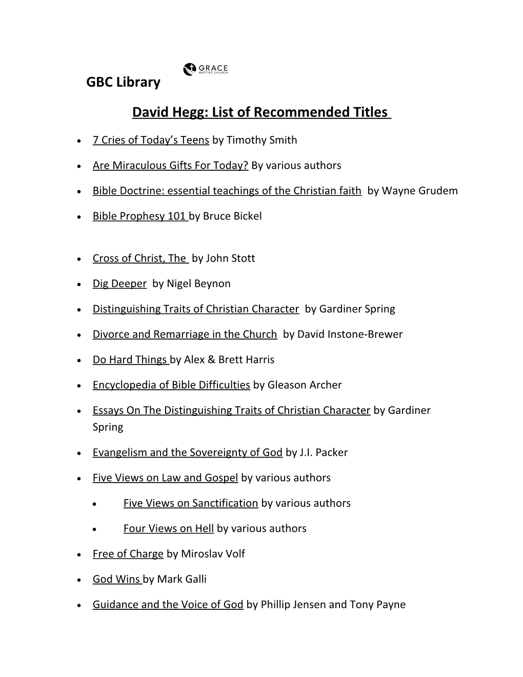 David Hegg: List of Recommended Titles