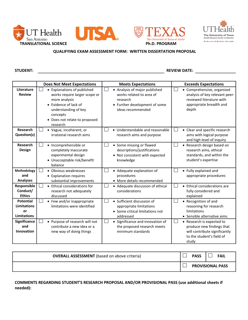 Qualifying Exam Assessment Form: Written Dissertation Proposal