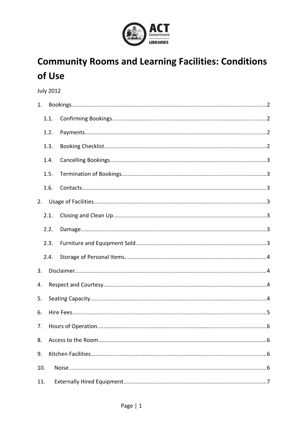 Community Rooms and Learning Facilities: Conditions of Use