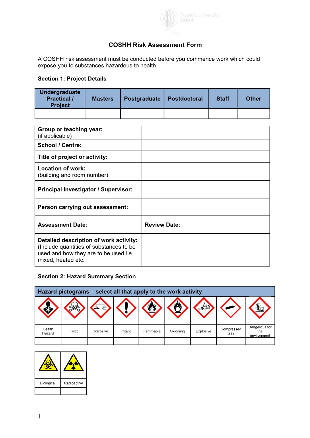 COSHH Risk Assessment Form