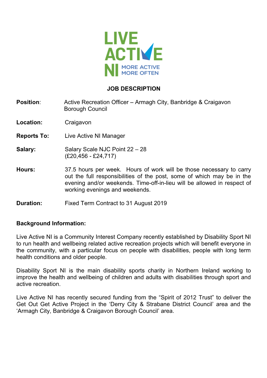 Position:Active Recreation Officer Armagh City, Banbridge & Craigavon Borough Council