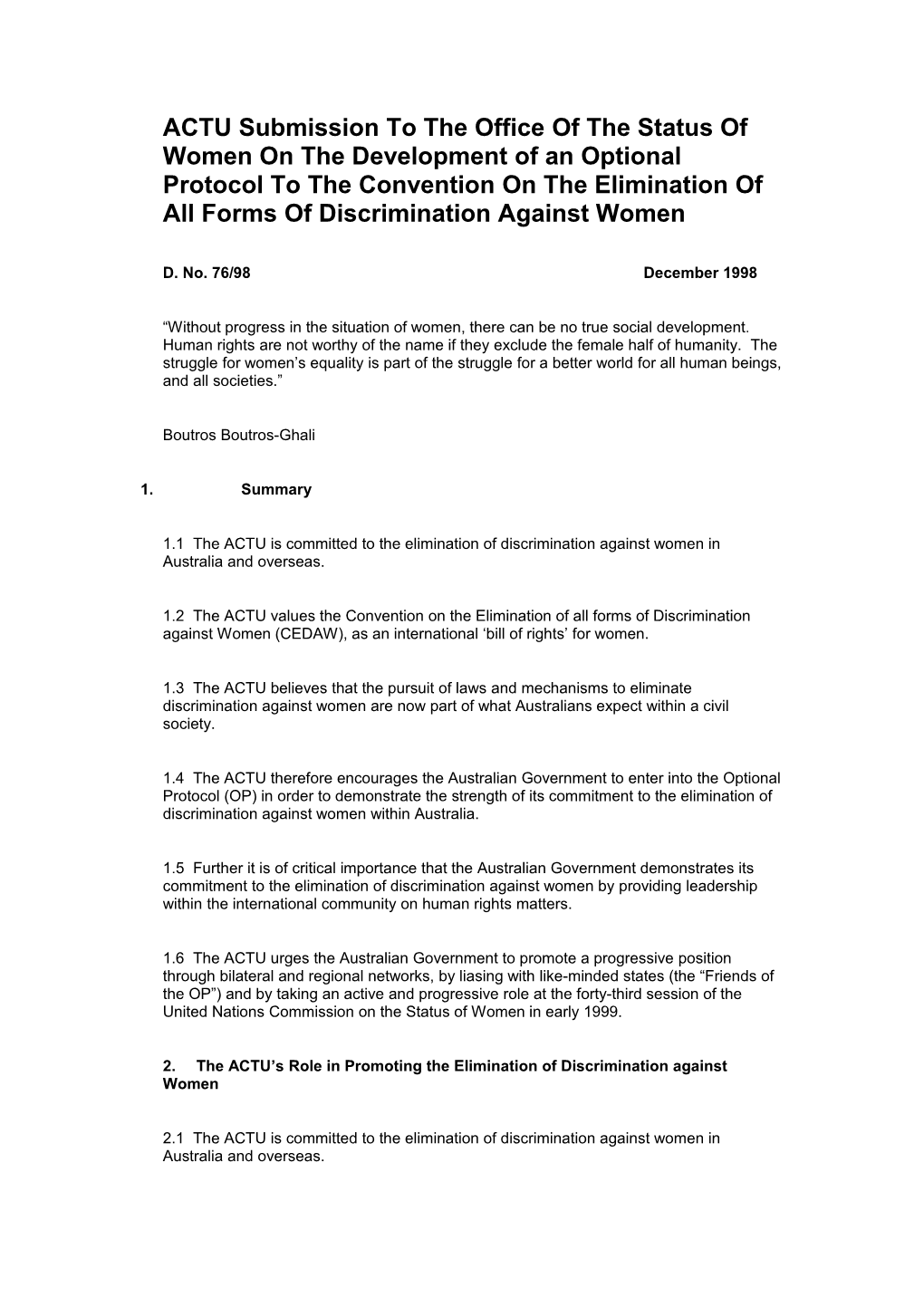 ACTU Submission to the Office of the Status of Women on the Development of an Optional