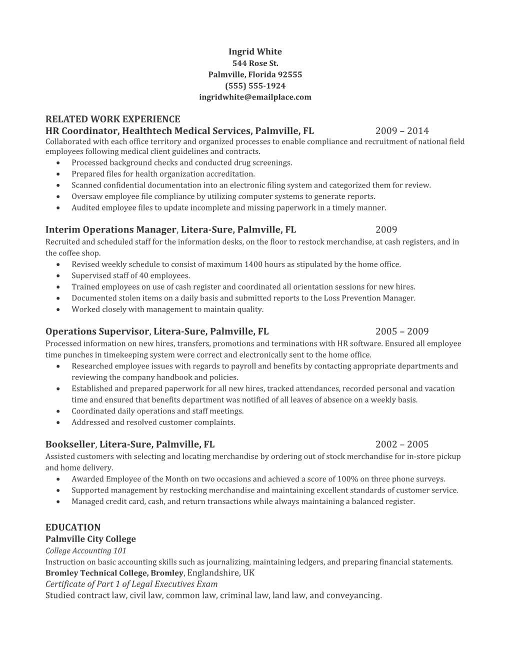 Example HR Coordinator Resume