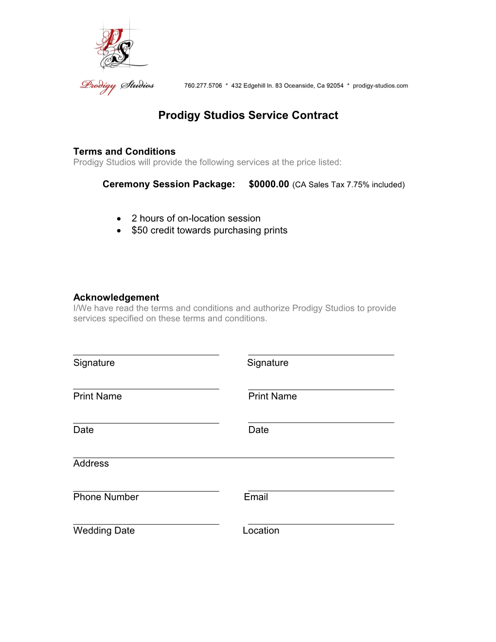 Prodigy Studios Service Contract