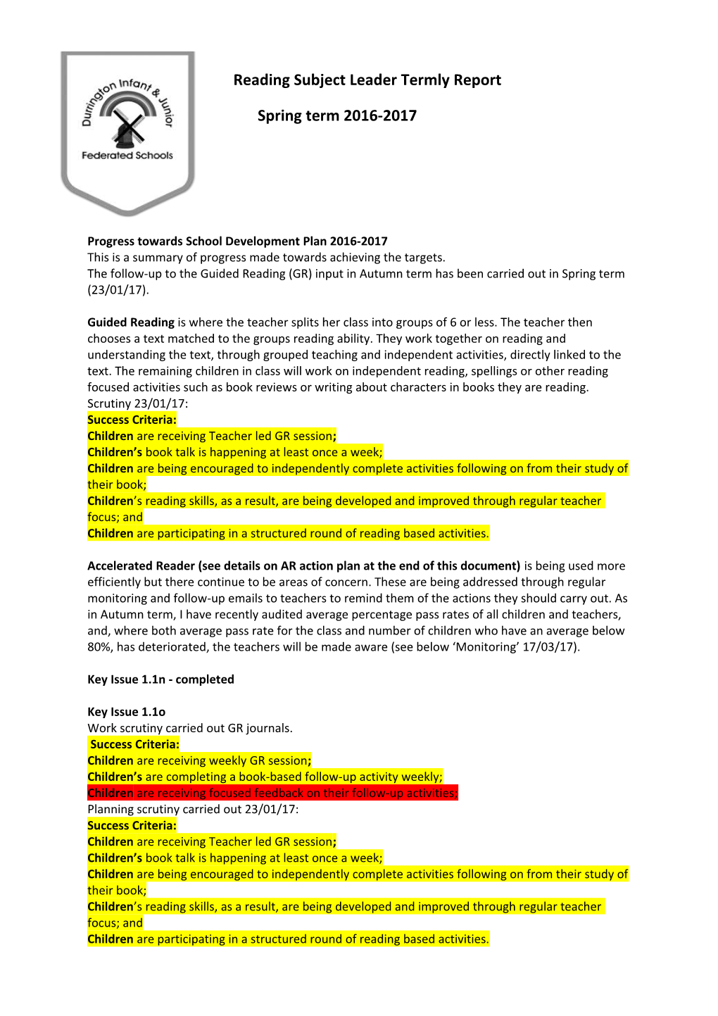 Progress Towards School Development Plan 2016-2017