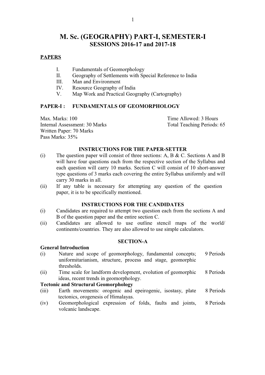 M. Sc. (GEOGRAPHY) PART-I, SEMESTER-I