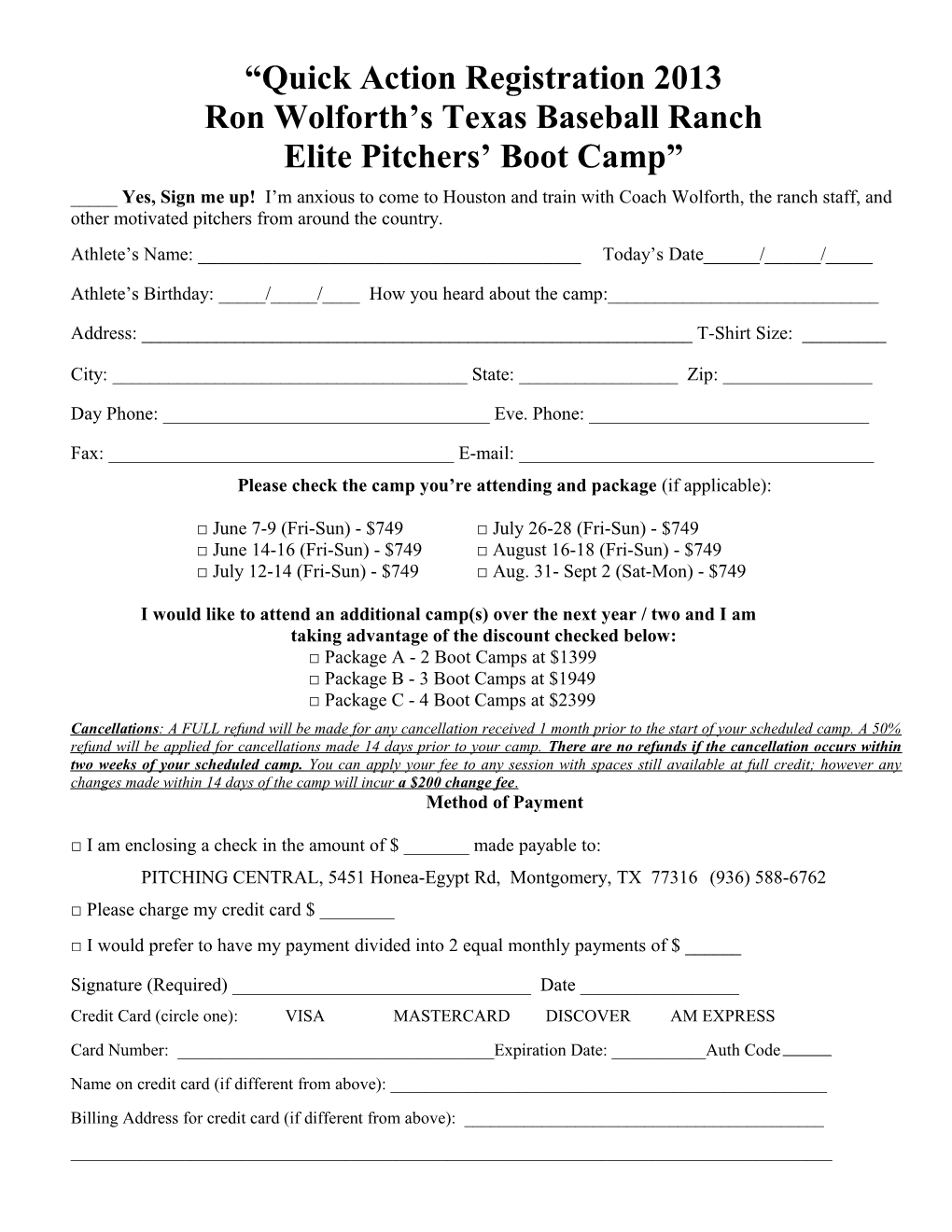 Registration Form for the Elite Pitchers Boot Camp