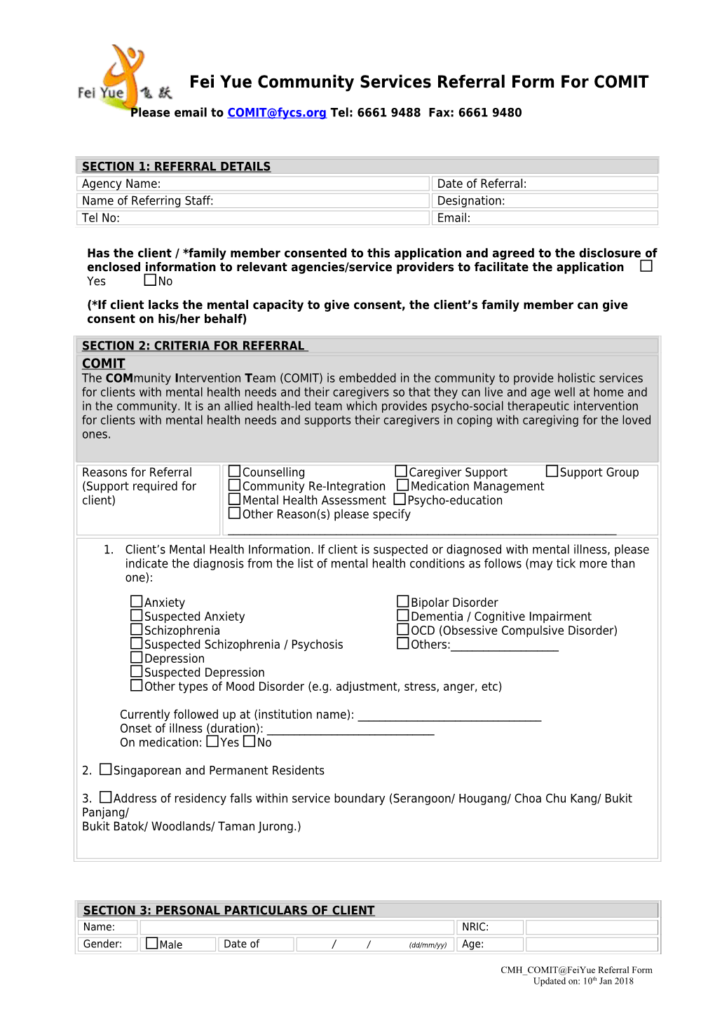 Fei Yue Community Services Referral Form for COMIT