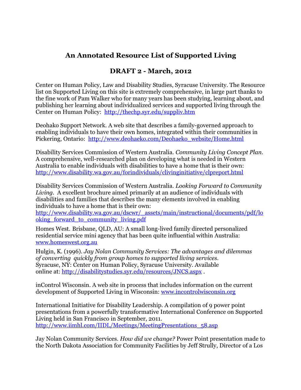 An Annotated Resource List of Supported Living