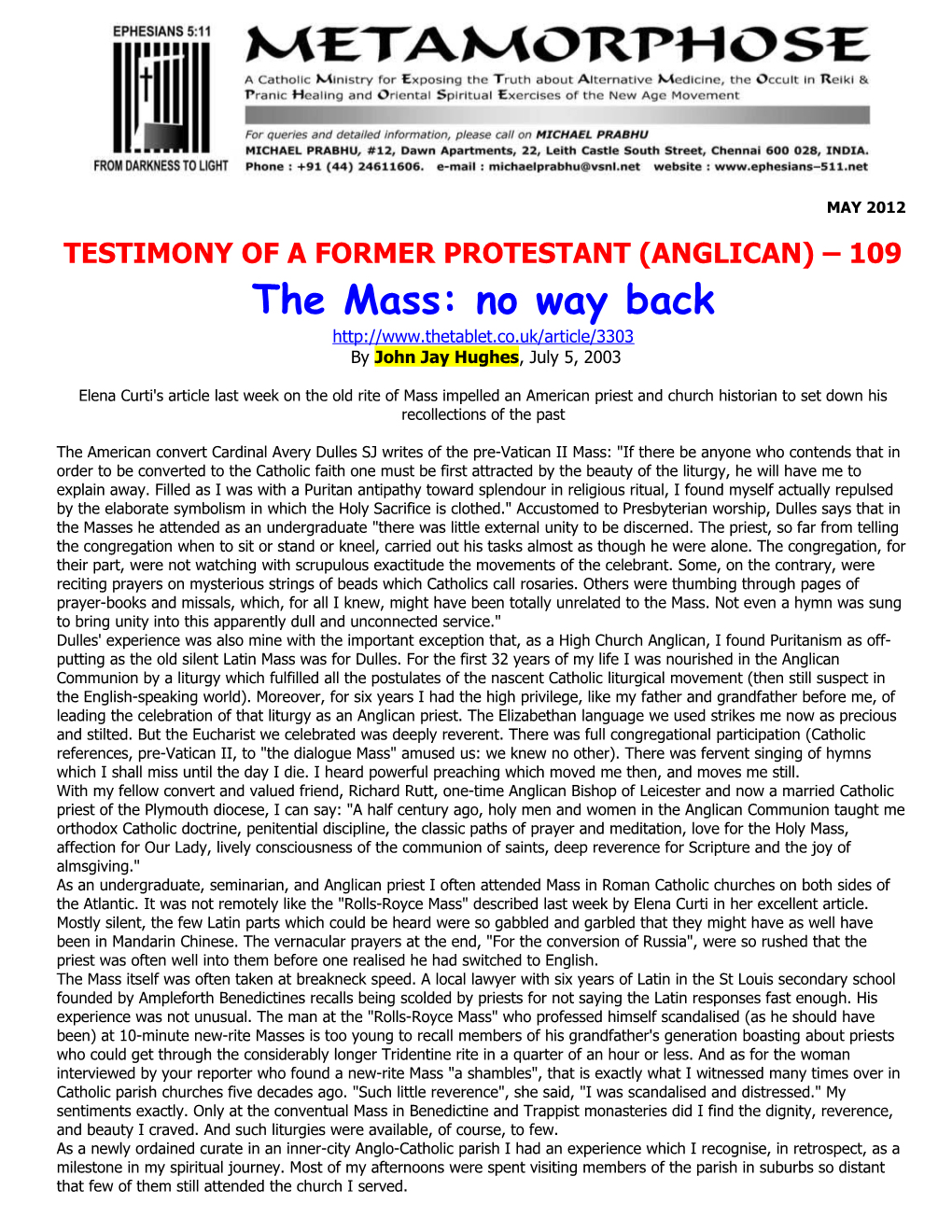Testimony of a Former Protestant (Anglican) 109