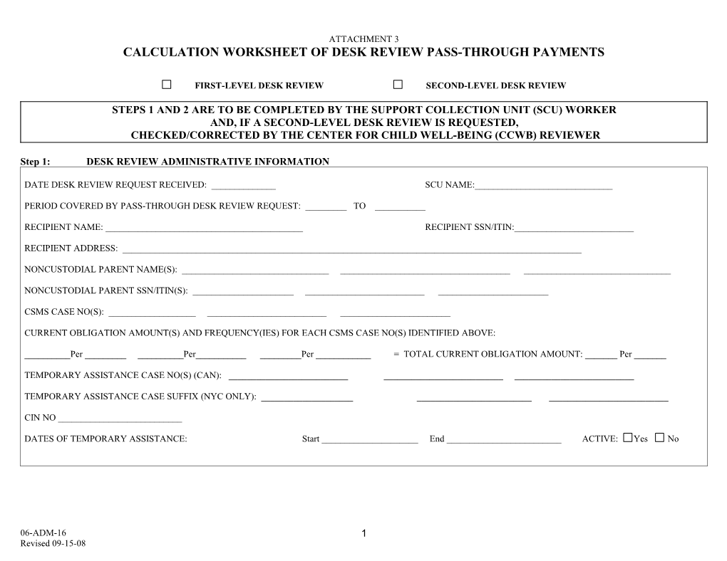 Calculation Worksheet of Desk Review Pass-Through Payments