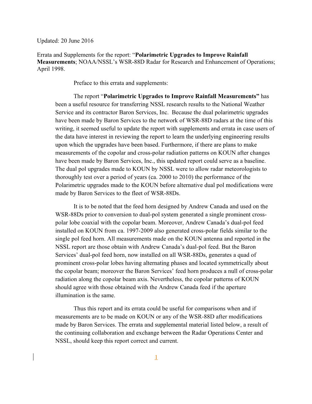 Errata for the Report Polarimetric Upgrades to Improve Rainfall Measurements