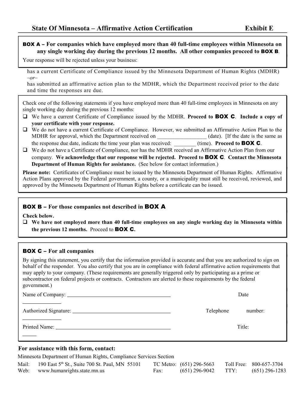 State of Minnesota Affirmative Action Certification Exhibit E