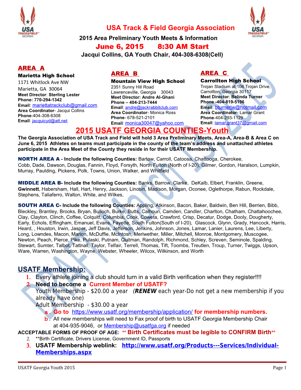 2015 Area Preliminary Youth Meets & Information