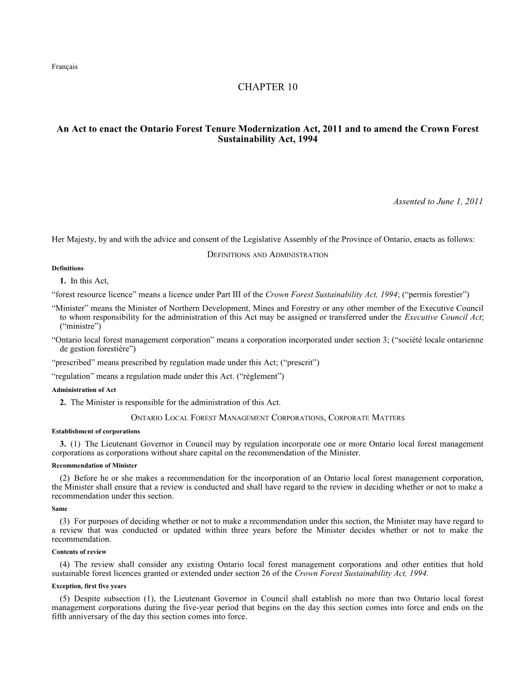 Ontario Forest Tenure Modernization Act, 2011, S.O. 2011, C. 10 - Bill 151