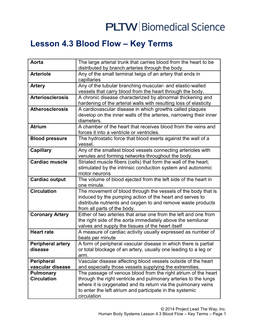 Lesson 4.3 Blood Flow Key Terms