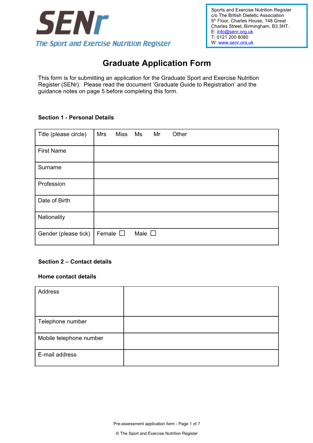 Senr Pre-Assessment Application Form