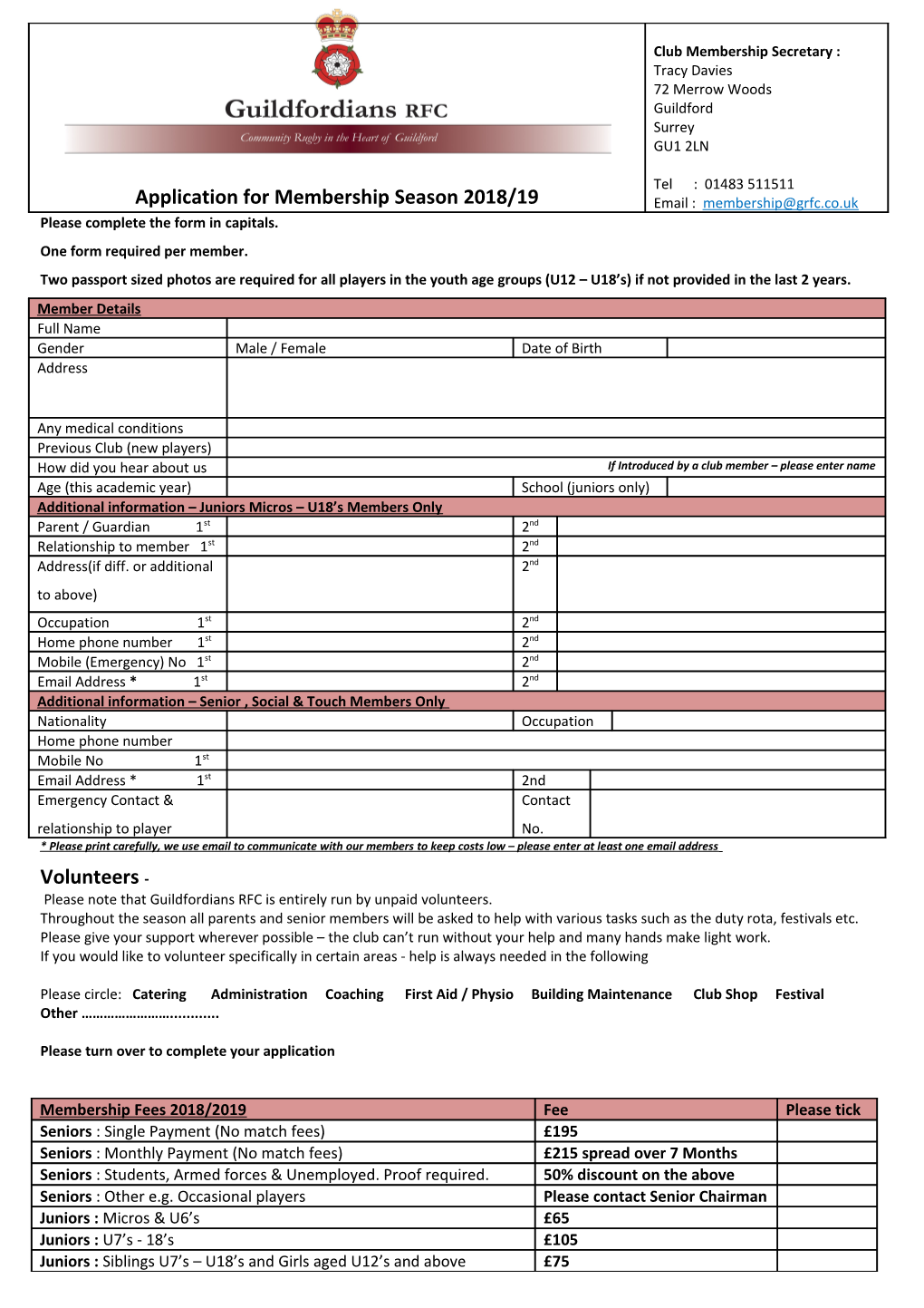 Guildfordians RFC Membership Application Form