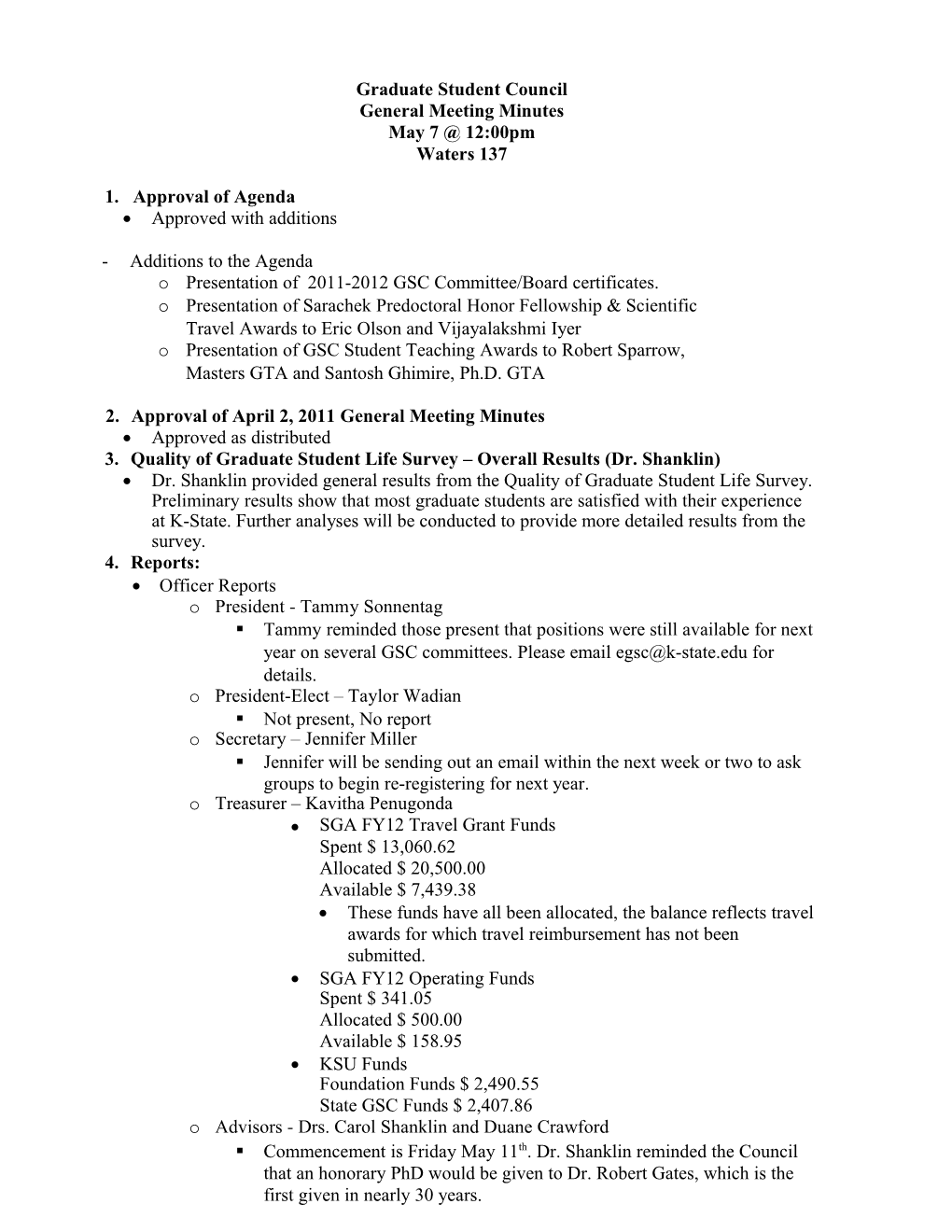 Graduatestudent Council General Meeting Minutes May 7 12:00Pm