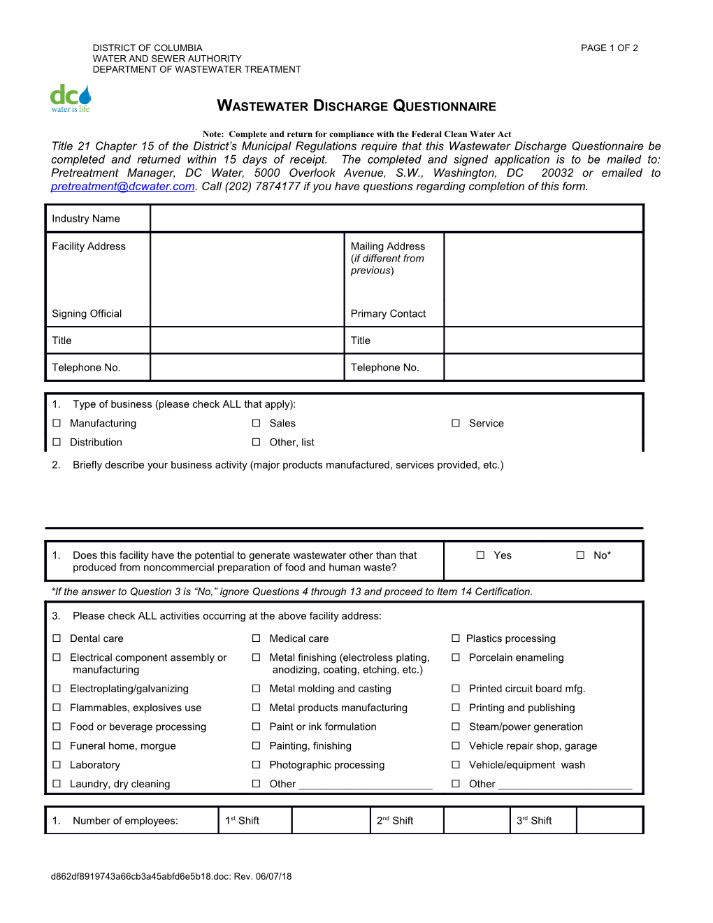 Wastewater Discharge Questionnaire