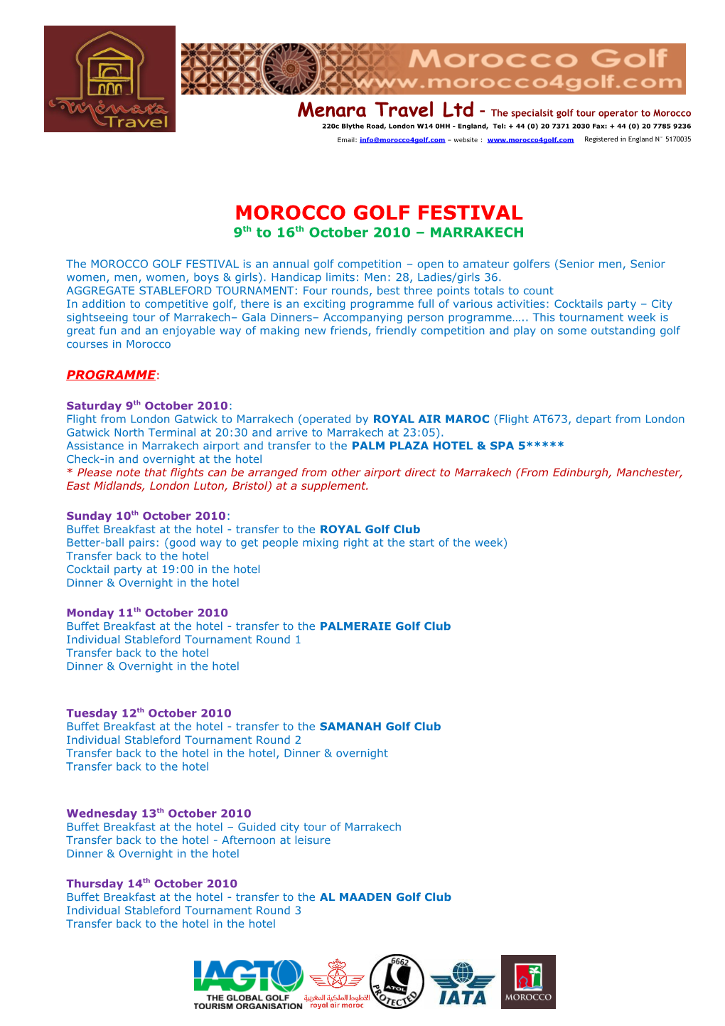 Menara Travel Ltd the Specialsit Golf Tour Operator to Morocco