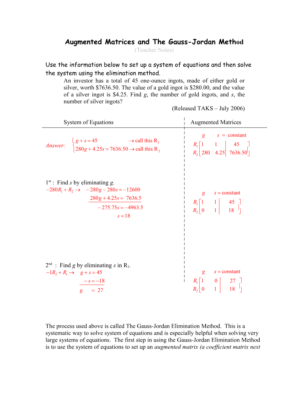 Augmented Matrices and the Gauss-Jordan Method