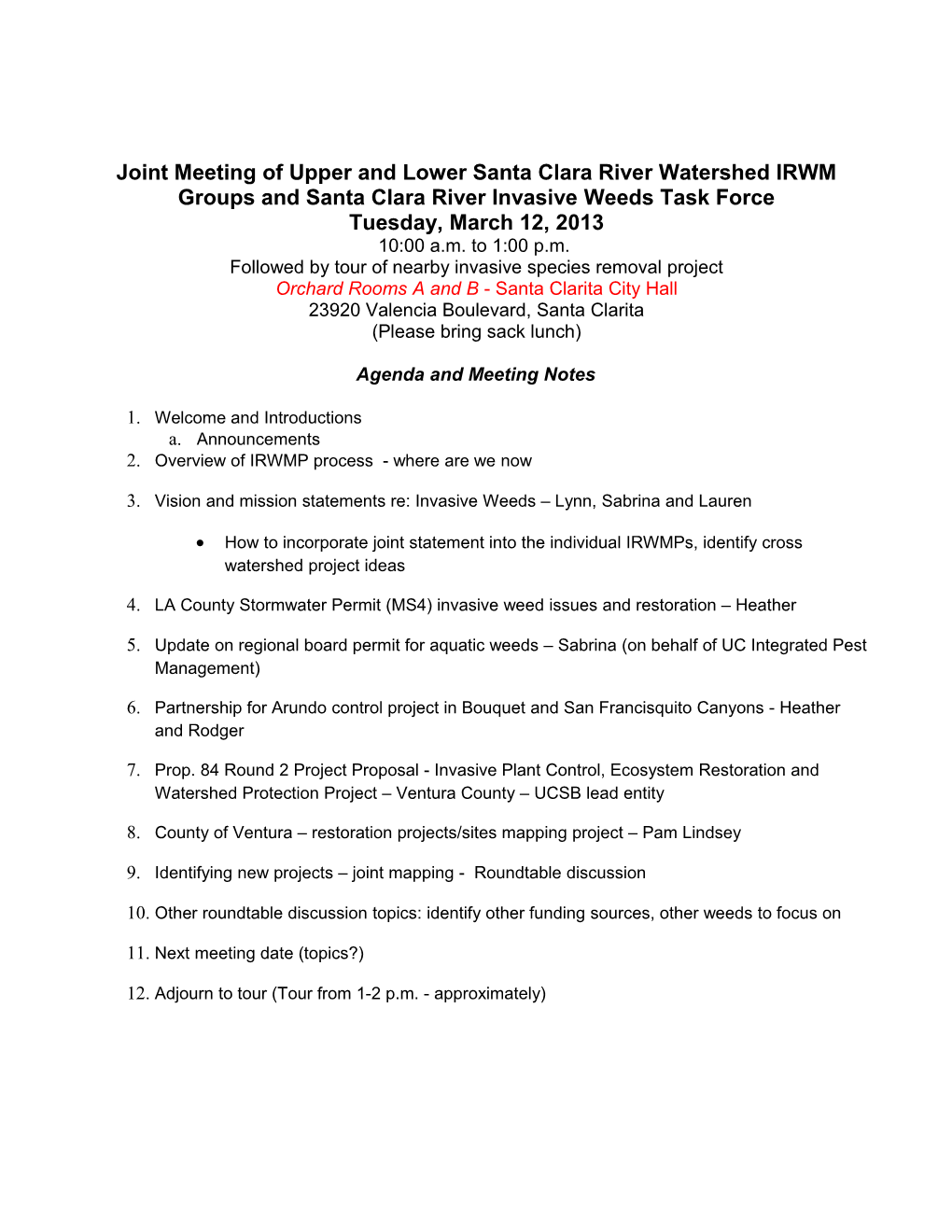 Joint Meeting of Upper and Lower Santa Clara River Watershed Groups