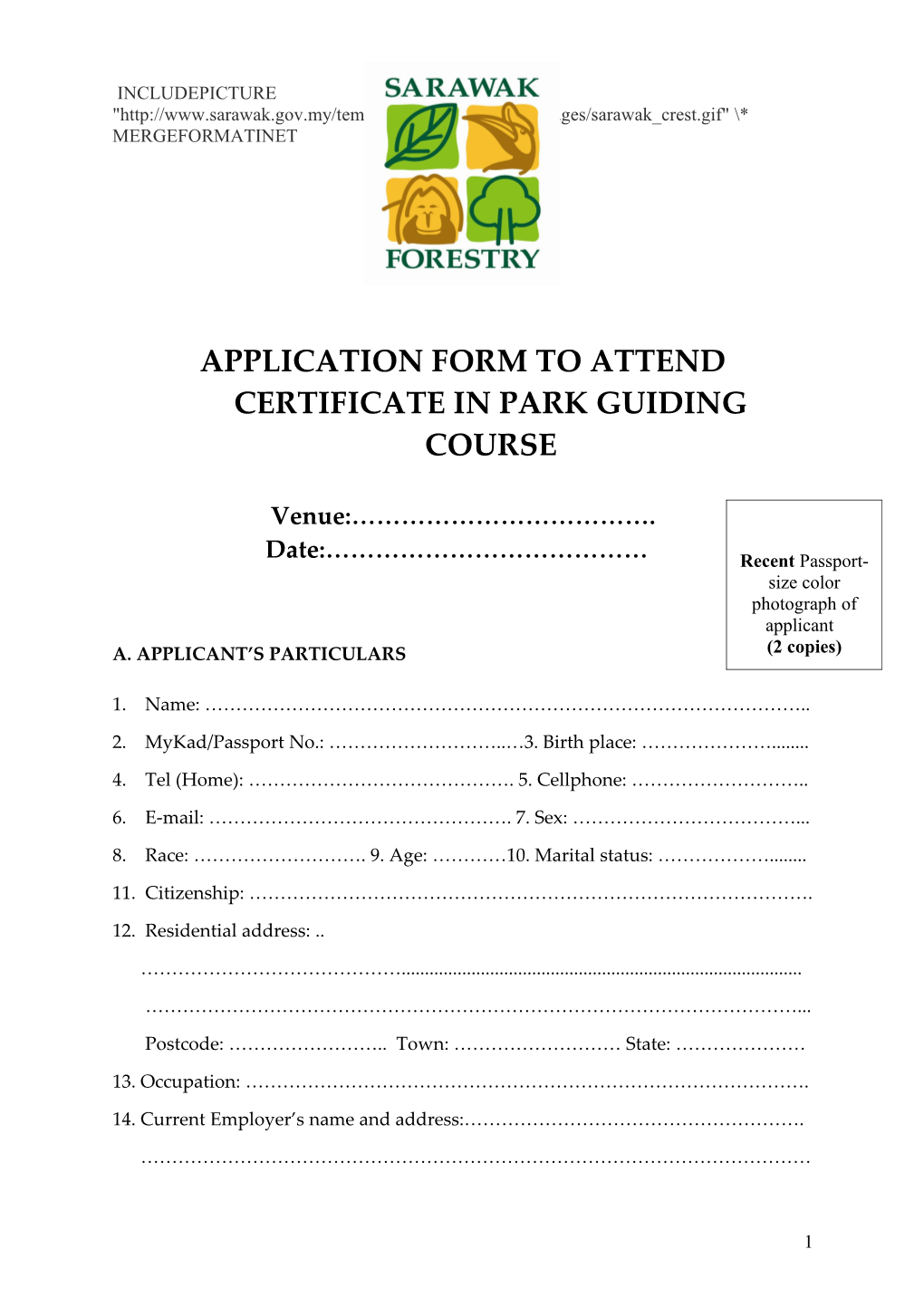 Application Form to Attend Certificate in Park Guiding Course