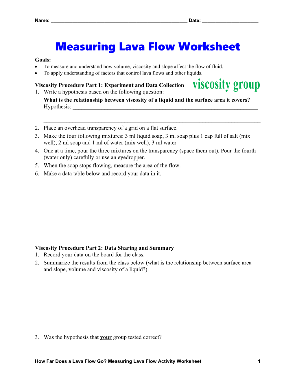 Measuring Lava Flow Worksheet