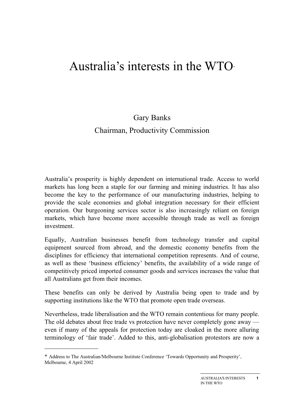 Australia's Interests in the WTO