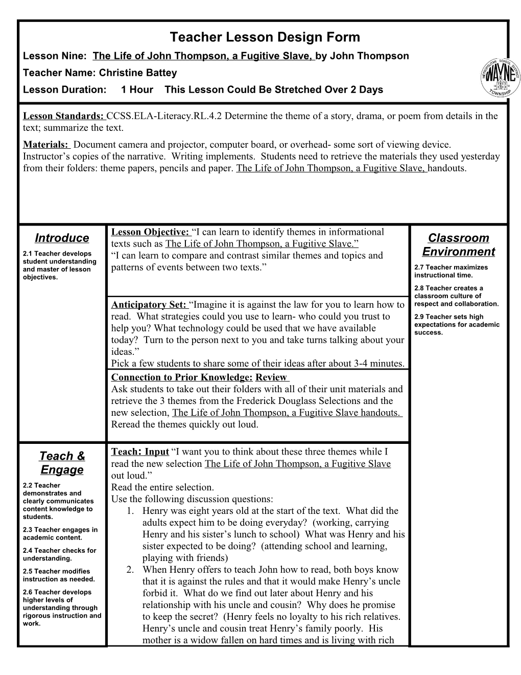 MSD of Wayne Township Teacher Lesson Design Observation Form