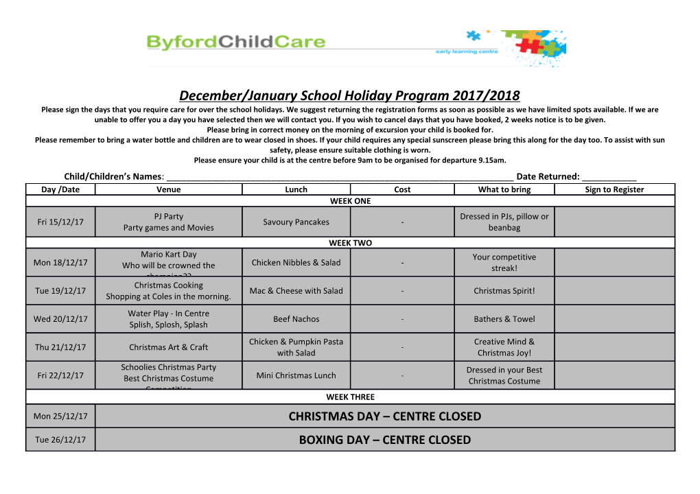 December/January School Holiday Program 2017/2018