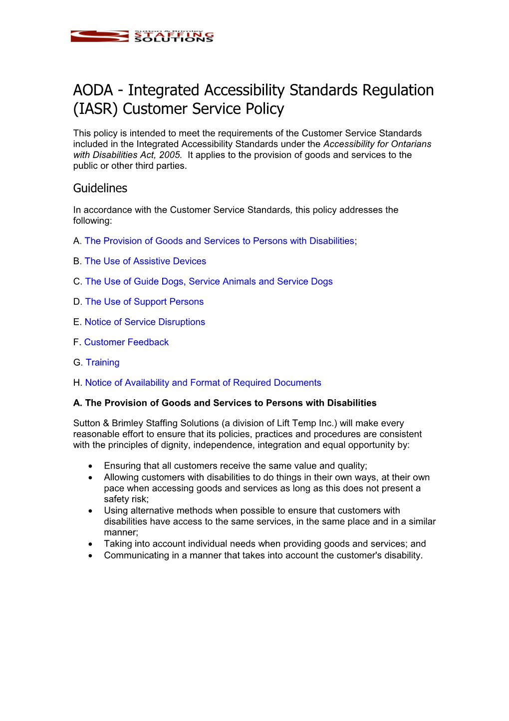 AODA - Integrated Accessibility Standards Regulation (IASR) Customer Service Policy