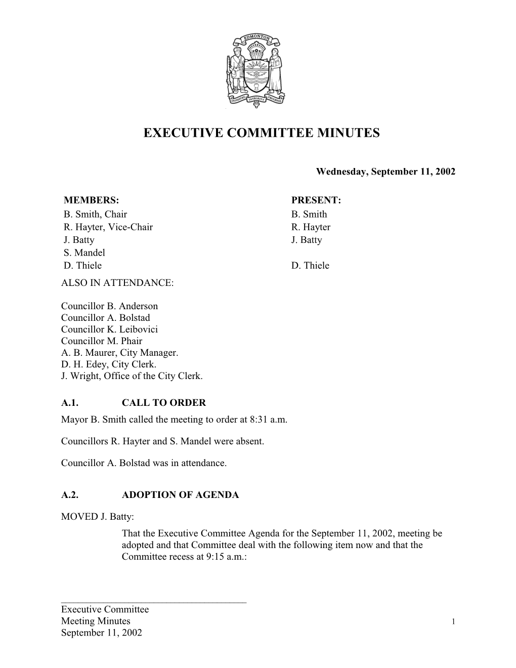 Minutes for Executive Committee September 11, 2002 Meeting
