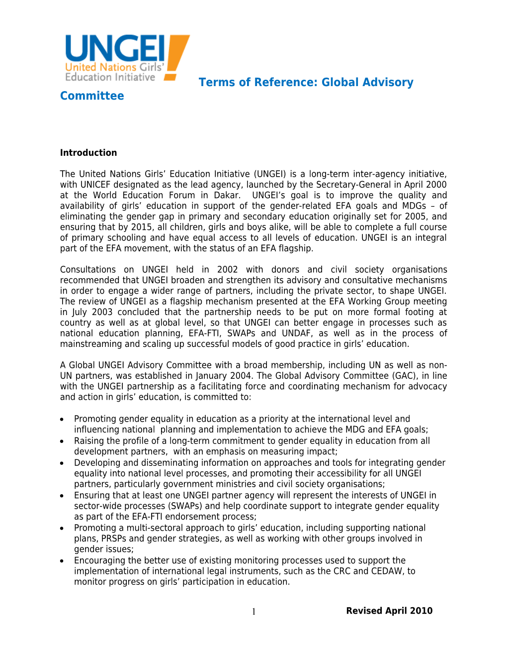 Terms of Reference: Global Advisory Committee
