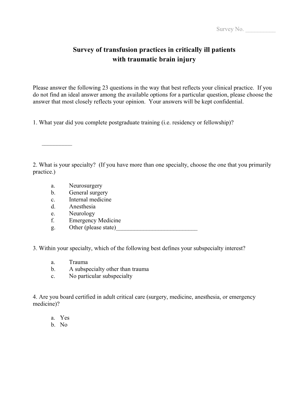 Survey of Transfusion Practices in Critically Ill Patients with Traumatic Brain Injury