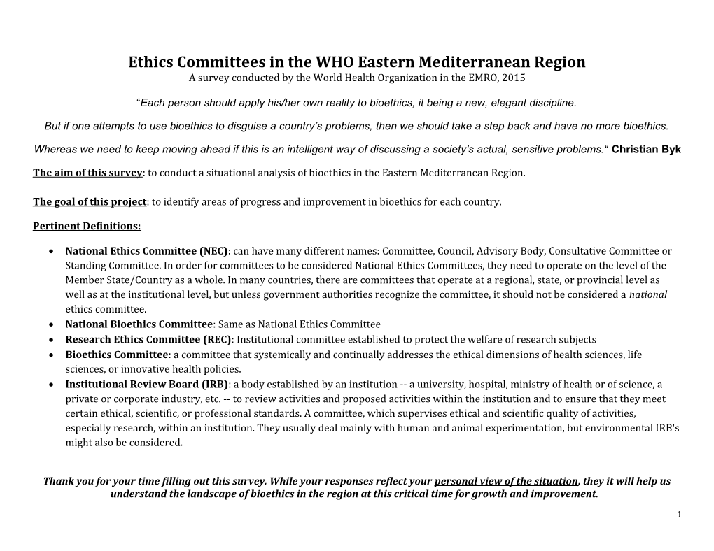 Ethics Committees in the WHO Eastern Mediterranean Region
