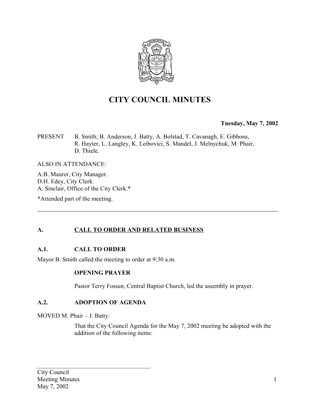 Minutes for City Council May 7, 2002 Meeting