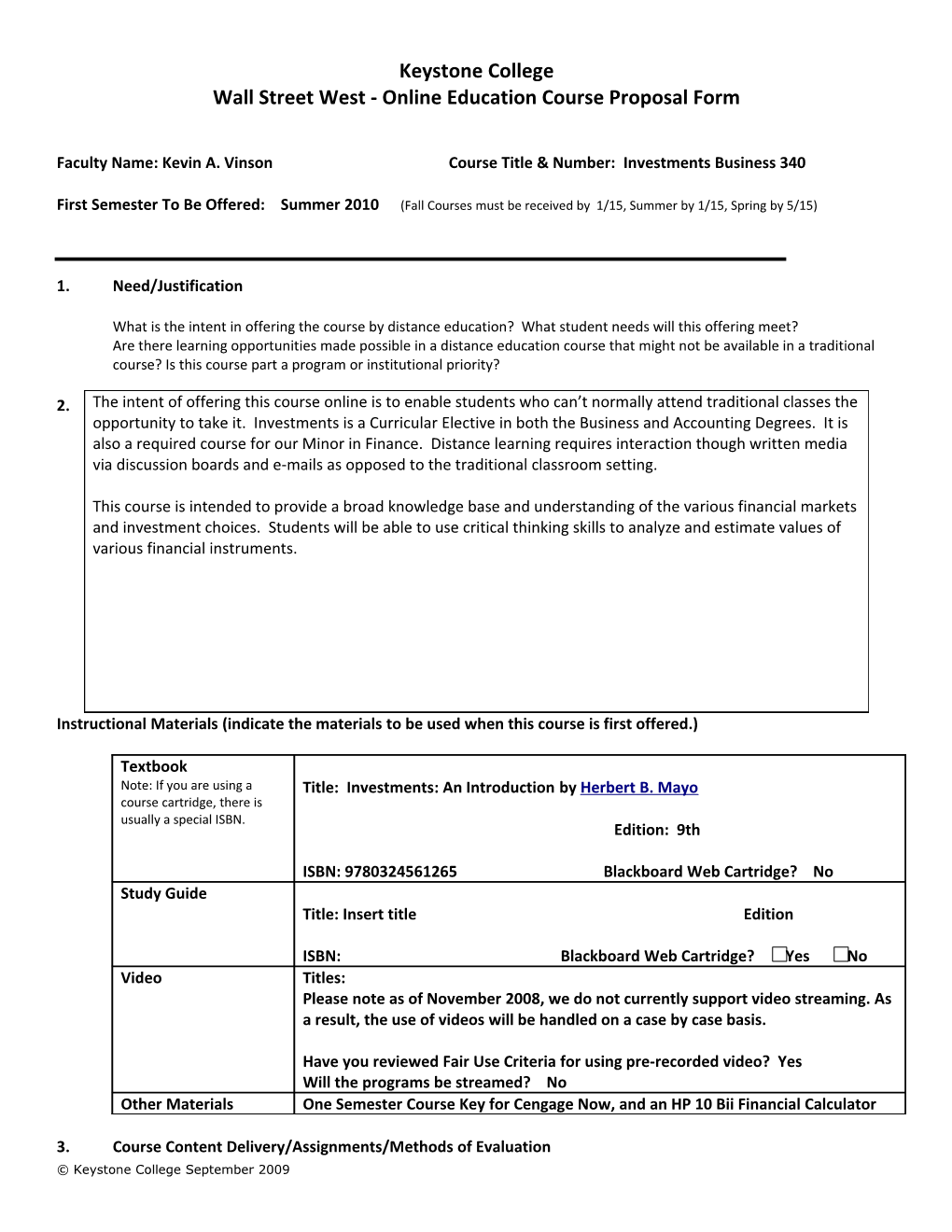 Wall Street West - Online Education Course Proposal Form