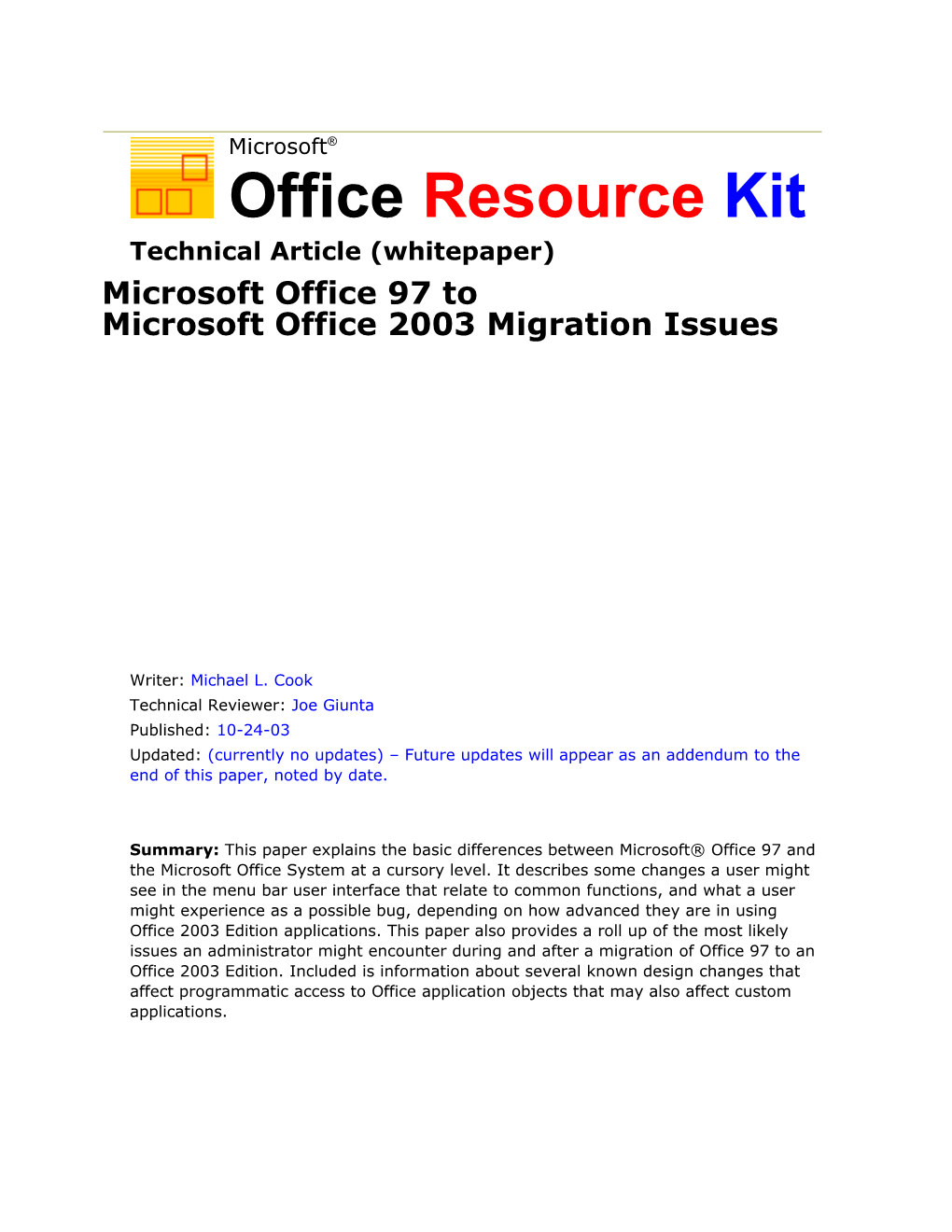 Microsoft Office 97 Tomicrosoft Office 2003 Migration Issues